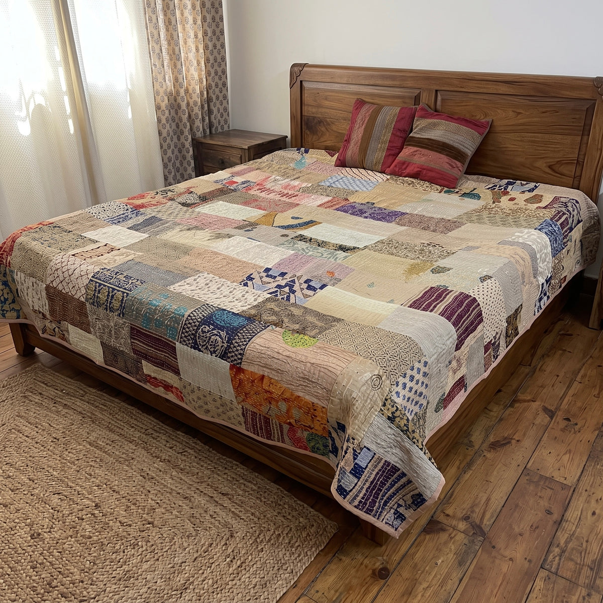 Silk Kantha Quilted Bedcover (Beige)
