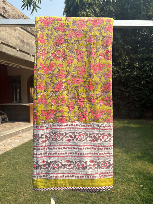 Lime Handblock Dohar (Mul Cotton) (60”x90”)