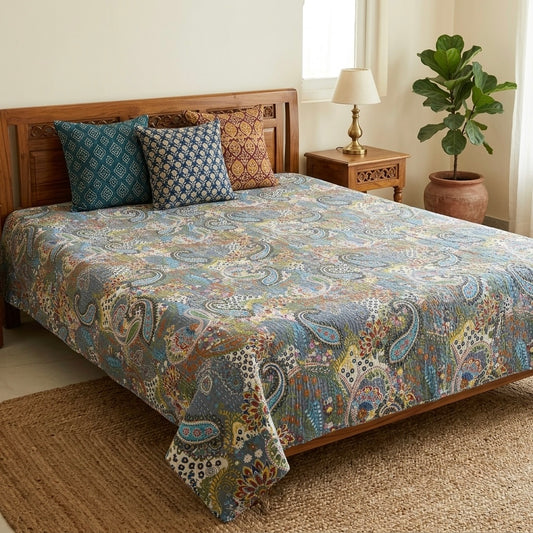 Paisley Grey Kantha Quilted Bedcover