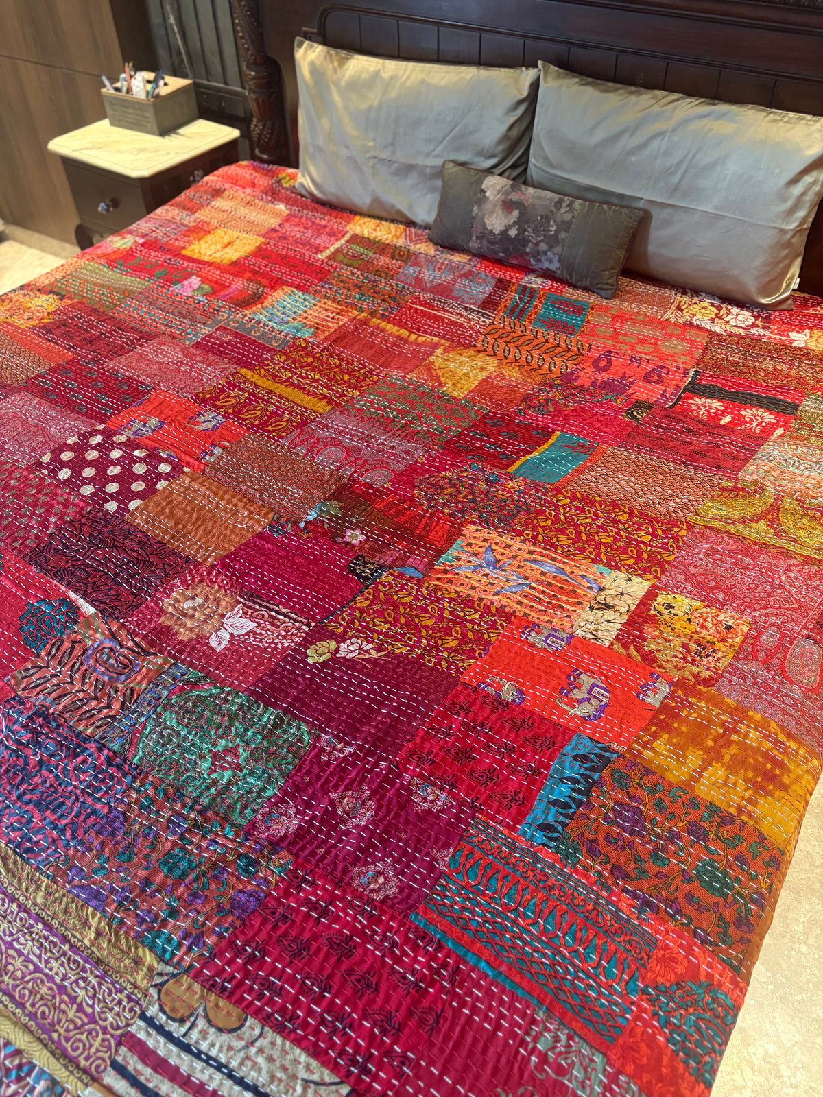 Silk Kantha Quilted Bedcover (Red)