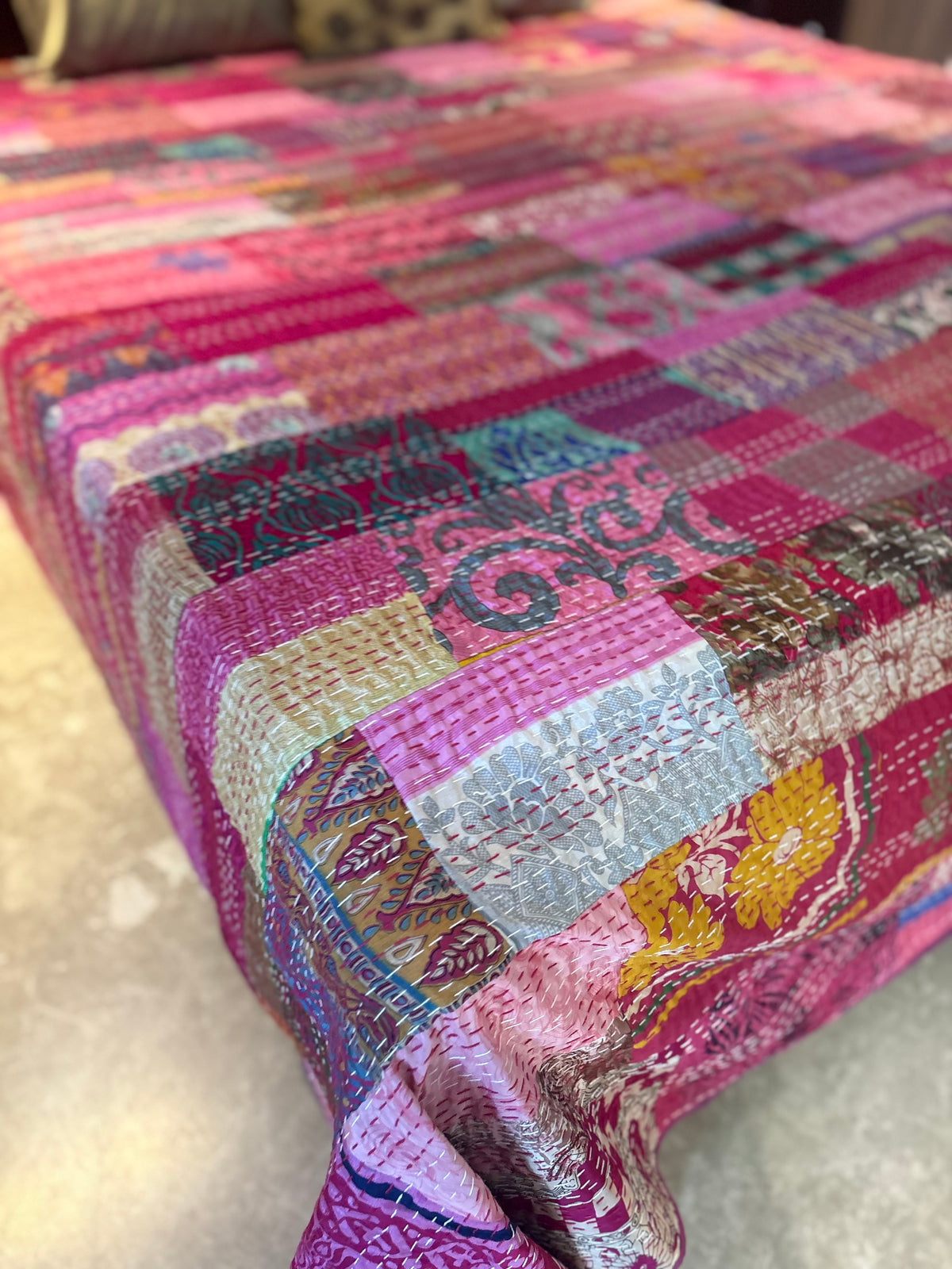 Silk Kantha Quilted Bedcover (Magenta)