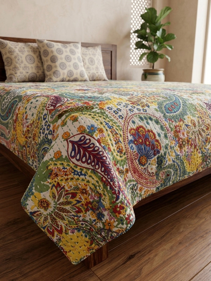 Paisley Pop Kantha Quilted Bedcover