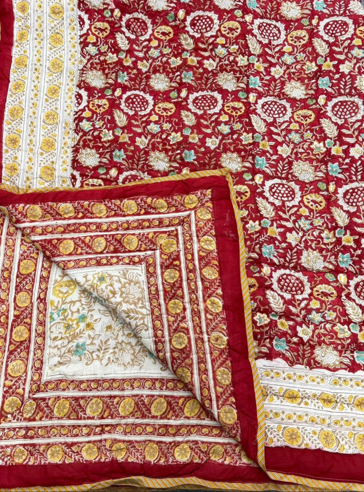 Red Pomegranate Block Printed Reversible Cotton Quilt (Razai)