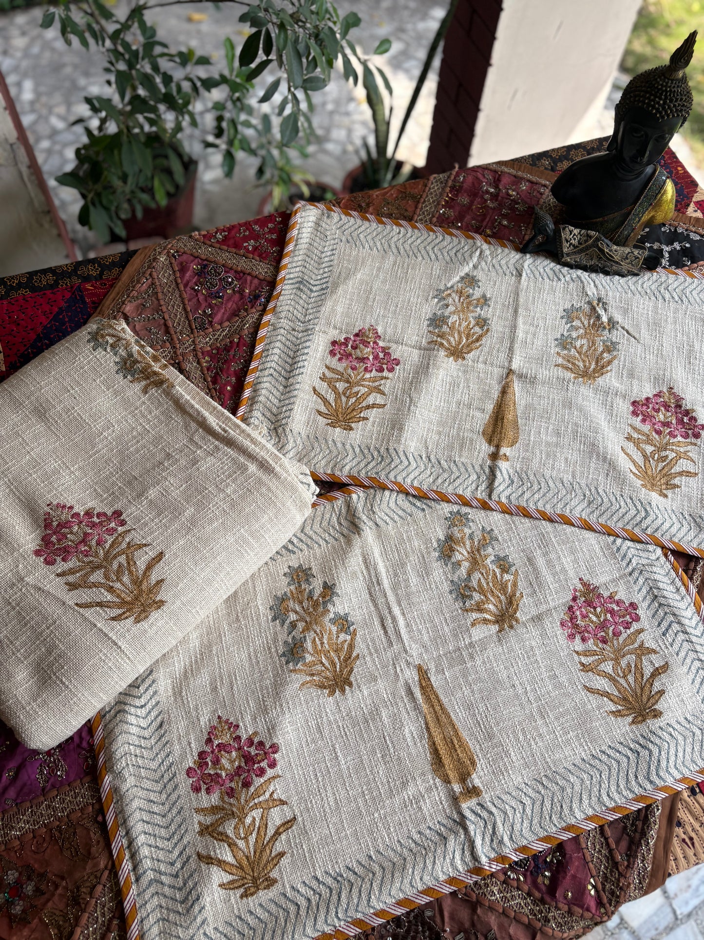 Poppy Hand Block Jute Bedcover