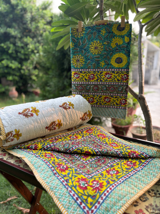 Hand Block Marigold Bedsheet & Reversible Comforter Set | 100% Cotton Bedding Set
