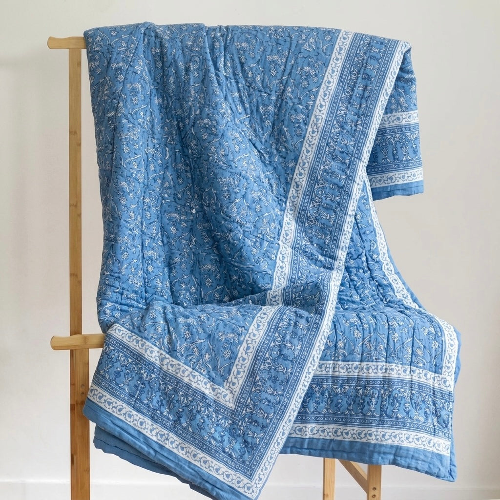 Blue Block Printed Reversible Cotton Quilt (Razai)