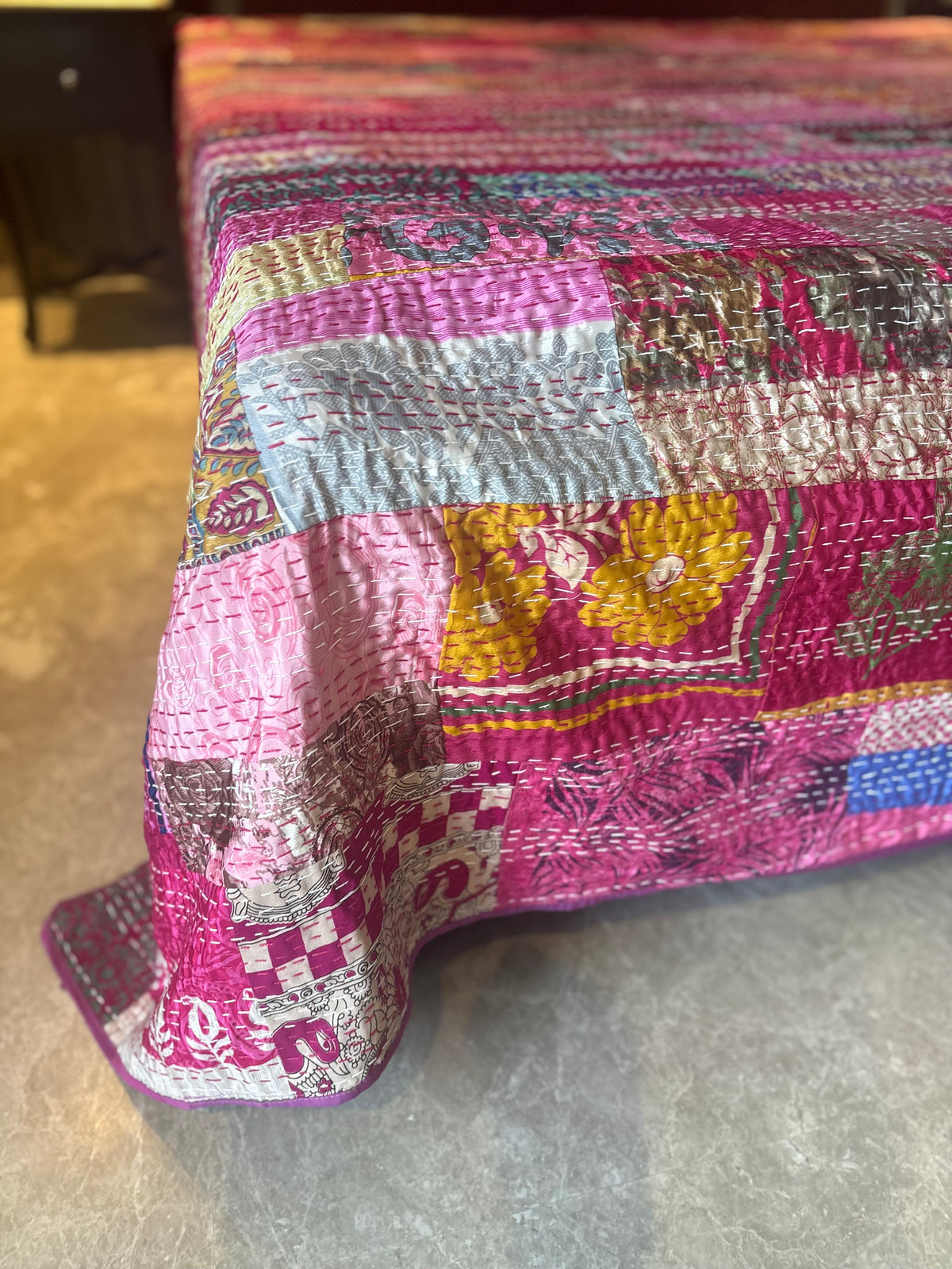 Silk Kantha Quilted Bedcover (Magenta)