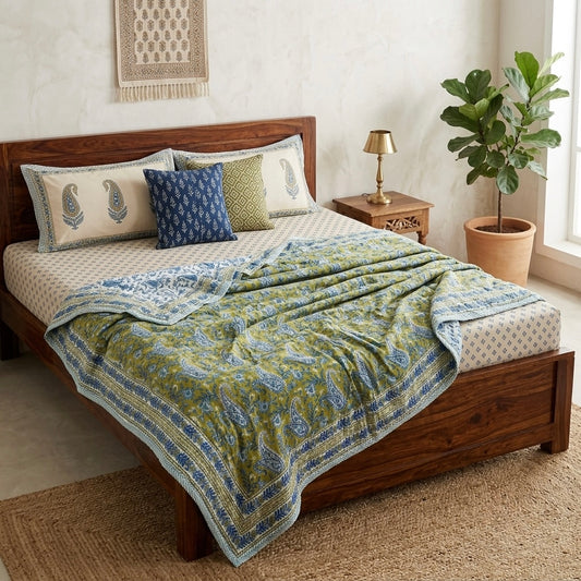 Mustard Blue Paisley Printed Reversible Dohar