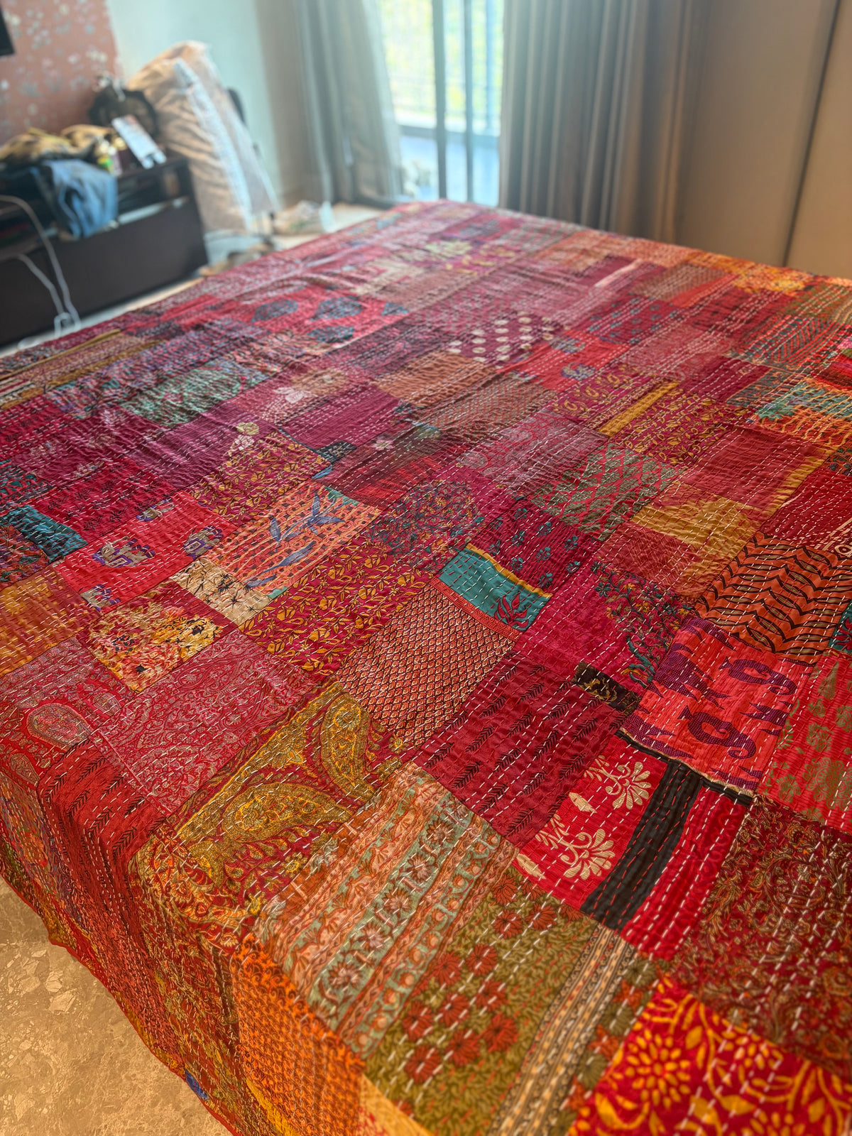 Silk Kantha Quilted Bedcover (Red)