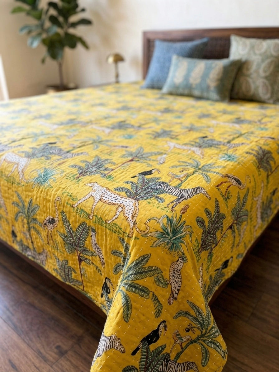 Yellow Jungle Kantha Quilted Bedcover