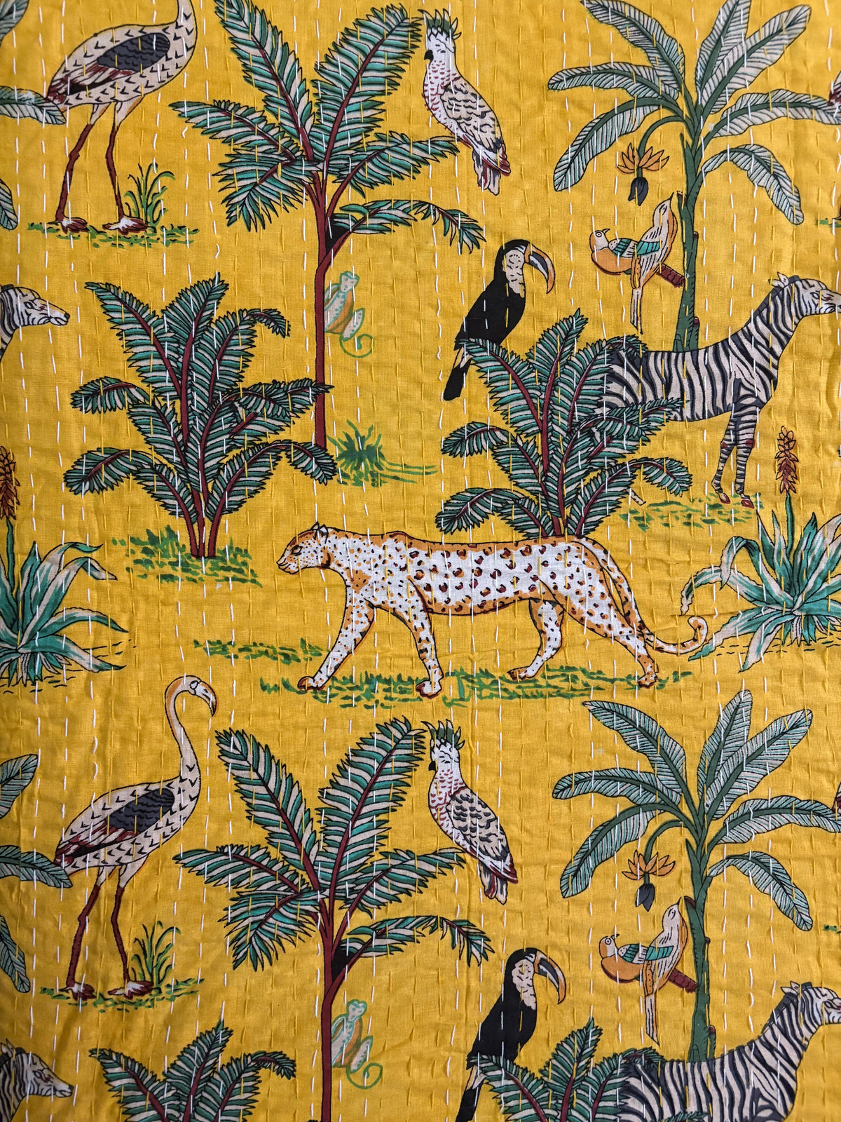 Yellow Jungle Kantha Quilted Bedcover