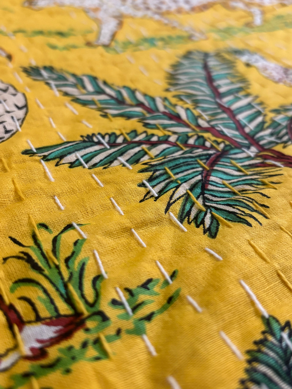 Yellow Jungle Kantha Quilted Bedcover