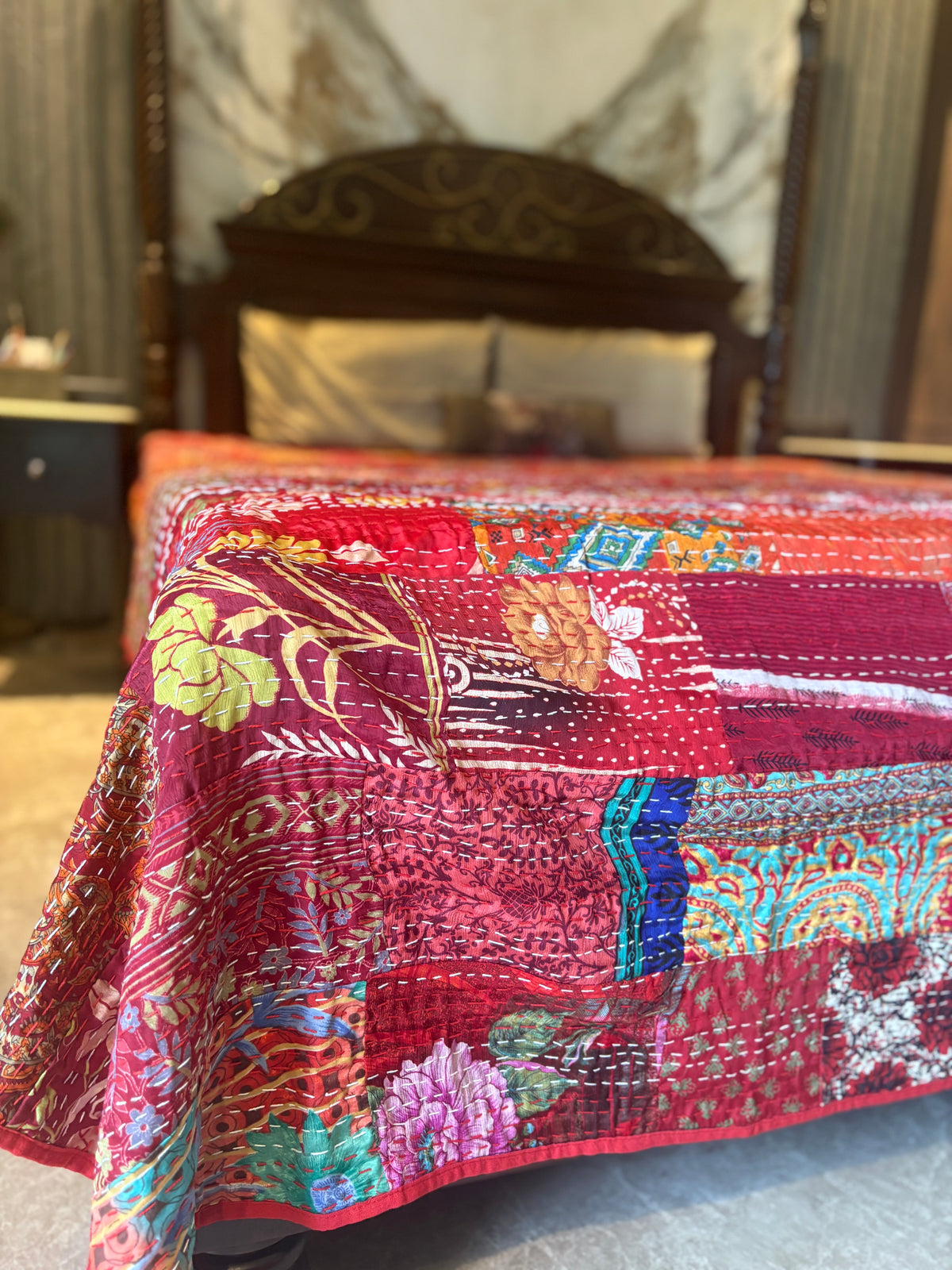 Silk Kantha Quilted Bedcover (Red)