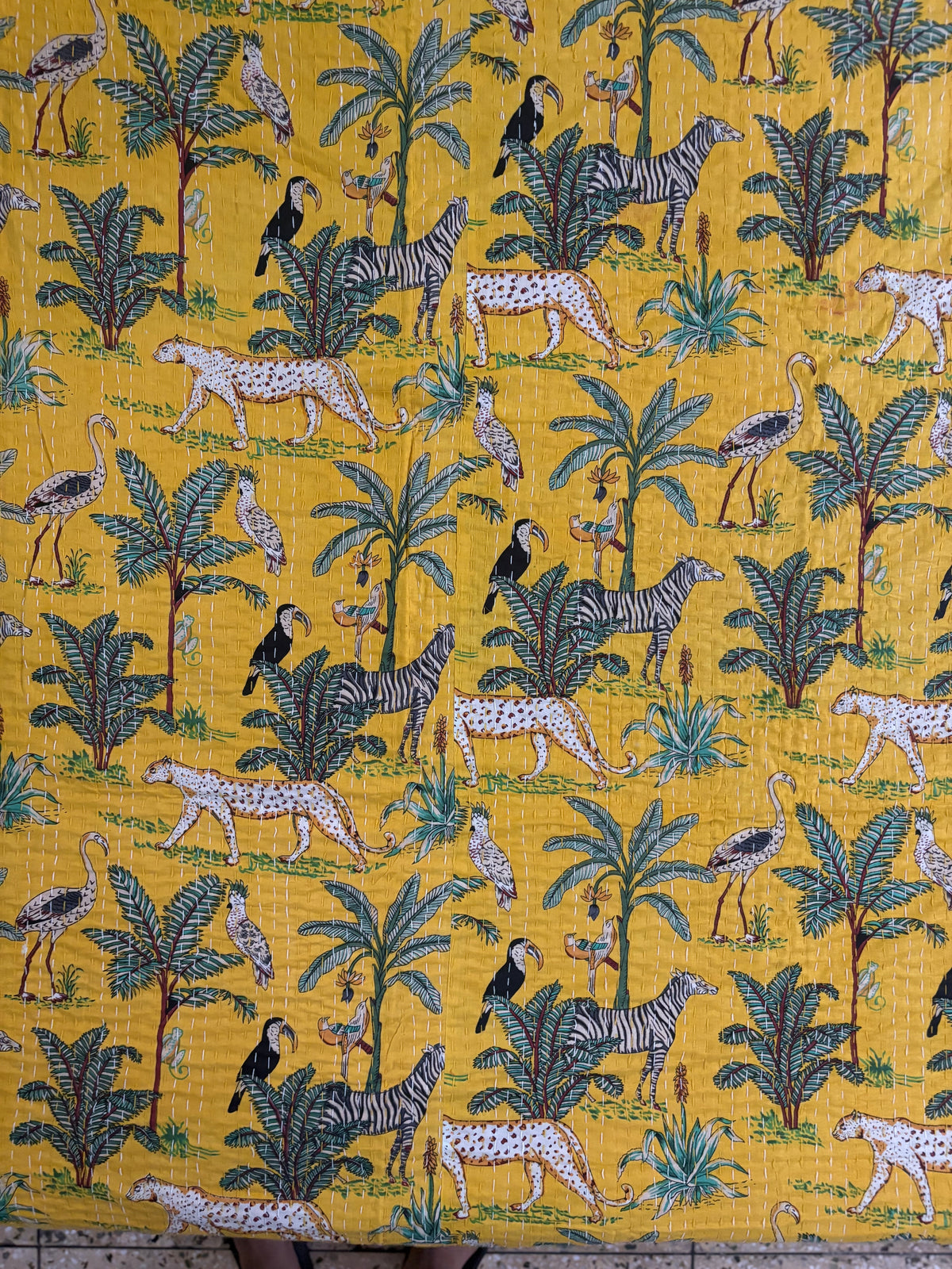 Yellow Jungle Kantha Quilted Bedcover