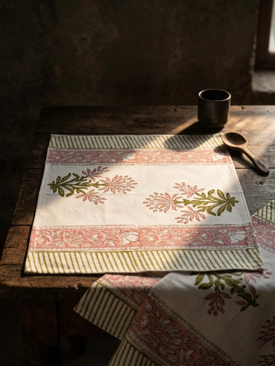Decorative tablecloth with floral patterns on a wooden table. Hand block printed table runner and table mats set 100% cotton.