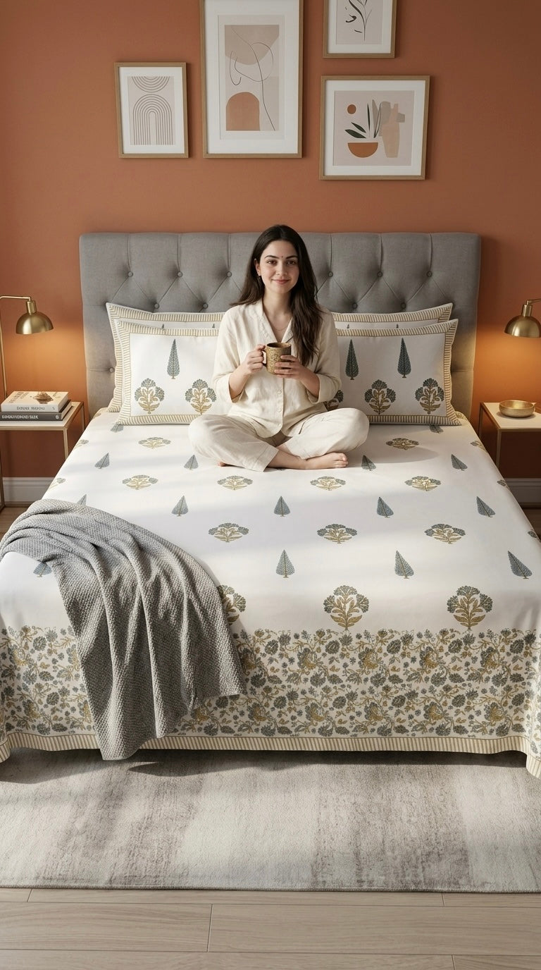 Woman sitting on a bed with Hand block printed bedding in a bedroom setting.