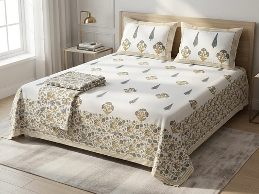 Bed with floral-patterned hand block printed bedding in a well-lit bedroom
