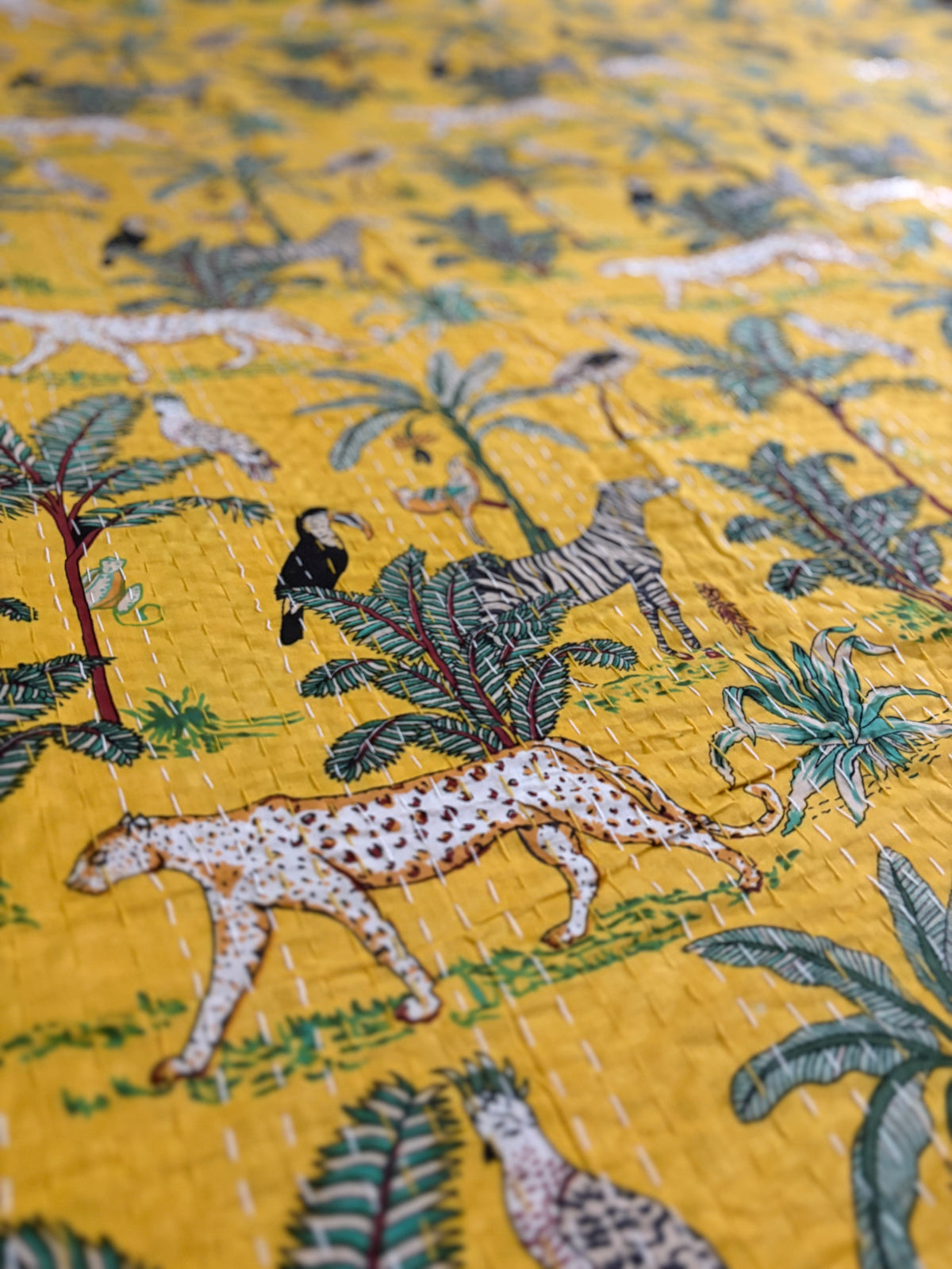Yellow Jungle Kantha Quilted Bedcover