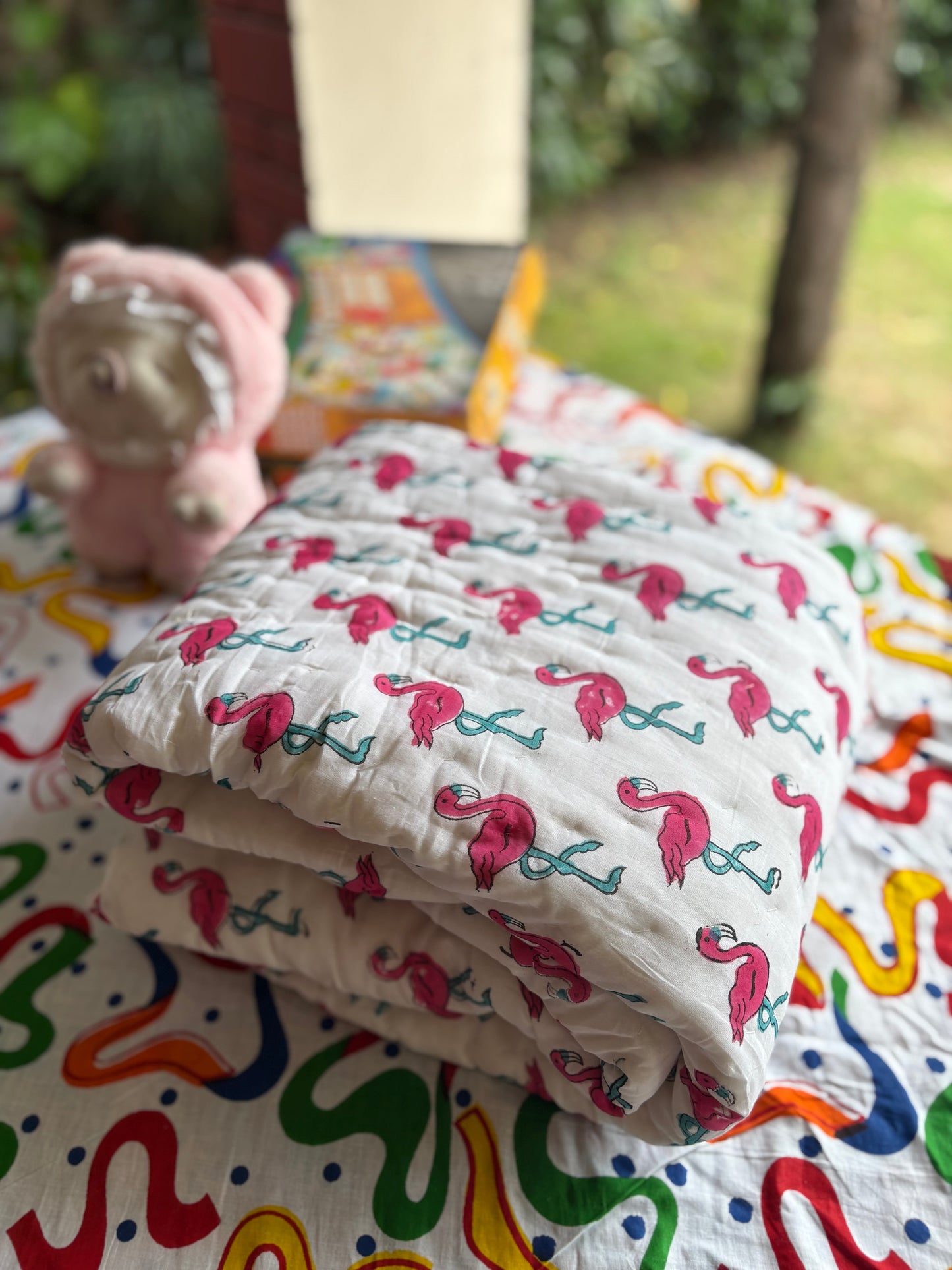 Flamingo Handblock Baby Quilt (Surgical Cotton)