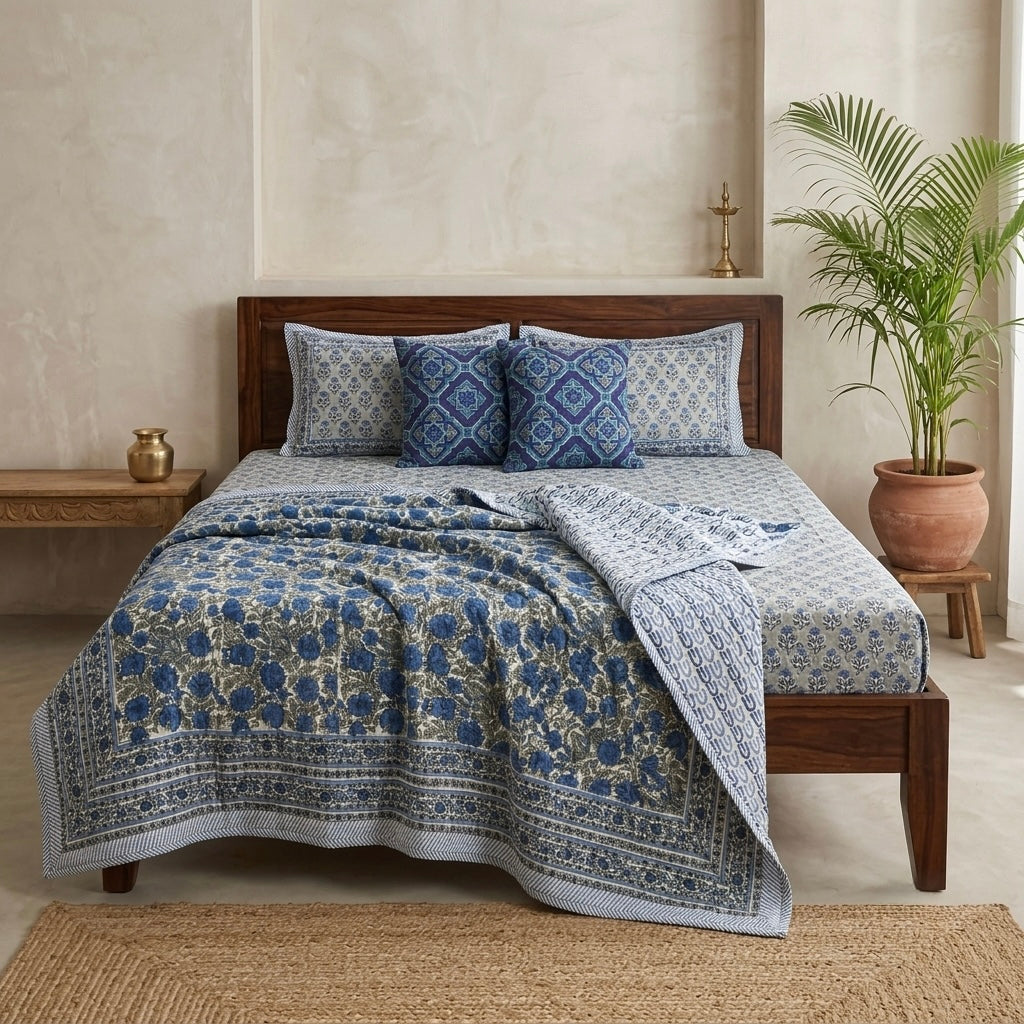 Blue Floral Block Printed Reversible Dohar