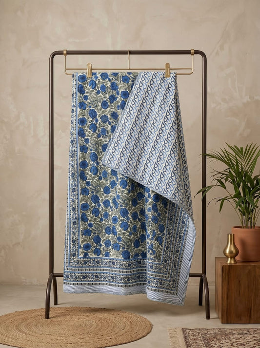 Blue Floral Block Printed Reversible Dohar