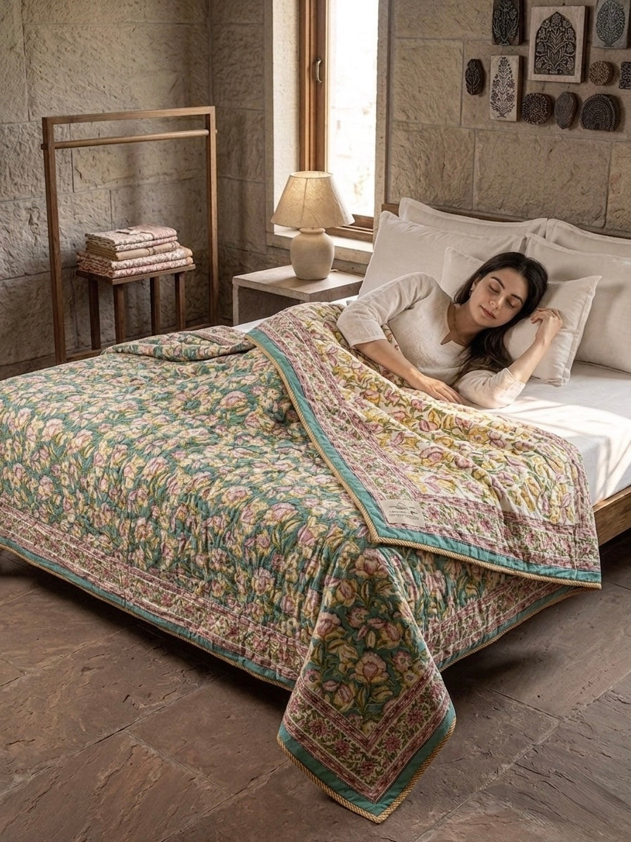 Handblock Double Bed Dohar (Mul Cotton) (90”x108”)