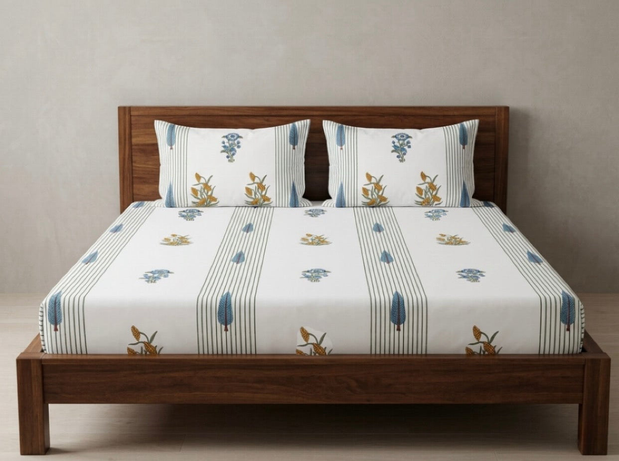 Percale Poppy Palm Jaipur Handblock Bedsheet