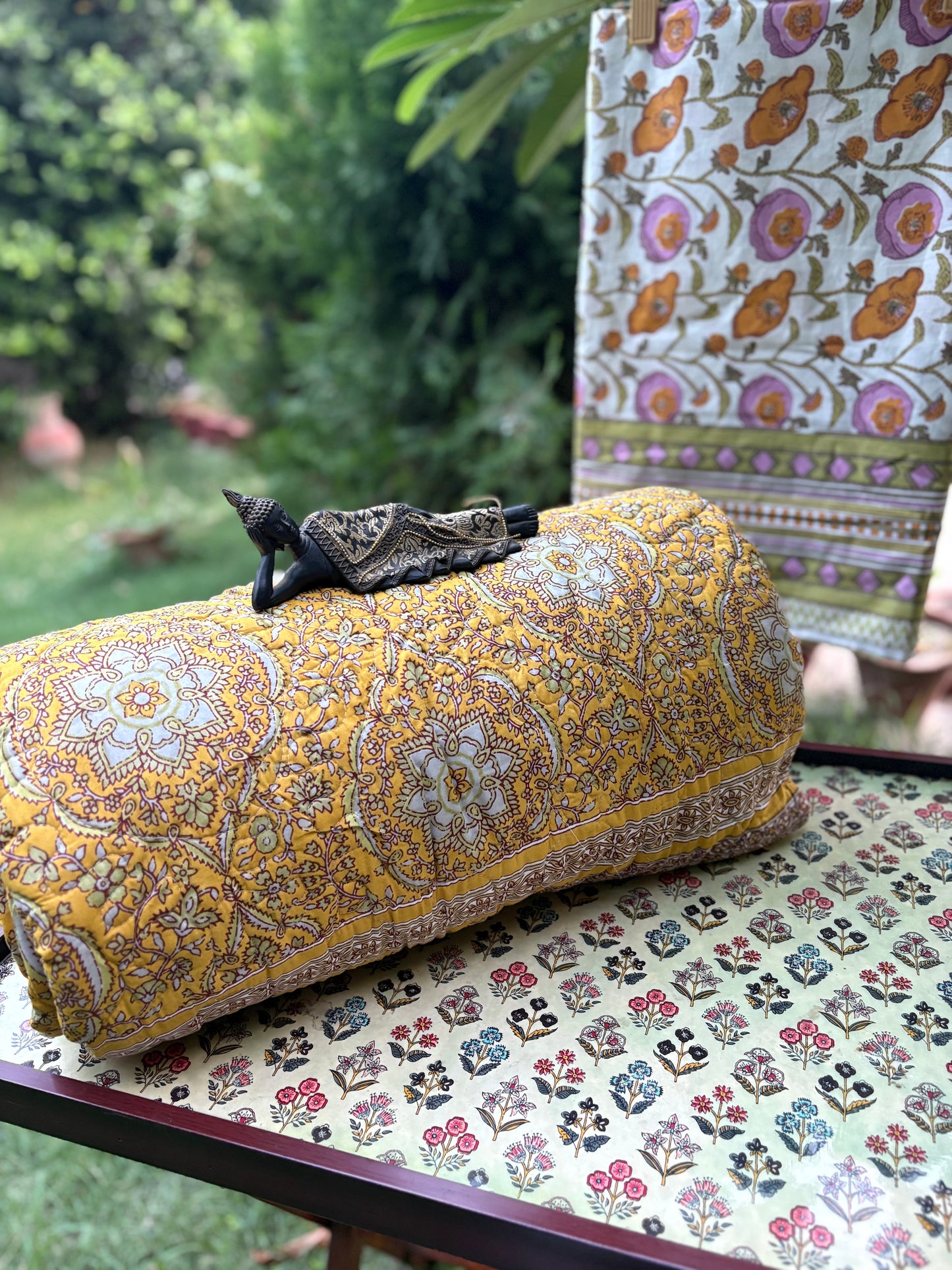 Hand Block Poppy Mustard Bedsheet & Reversible Comforter Set | 100% Cotton Bedding Set