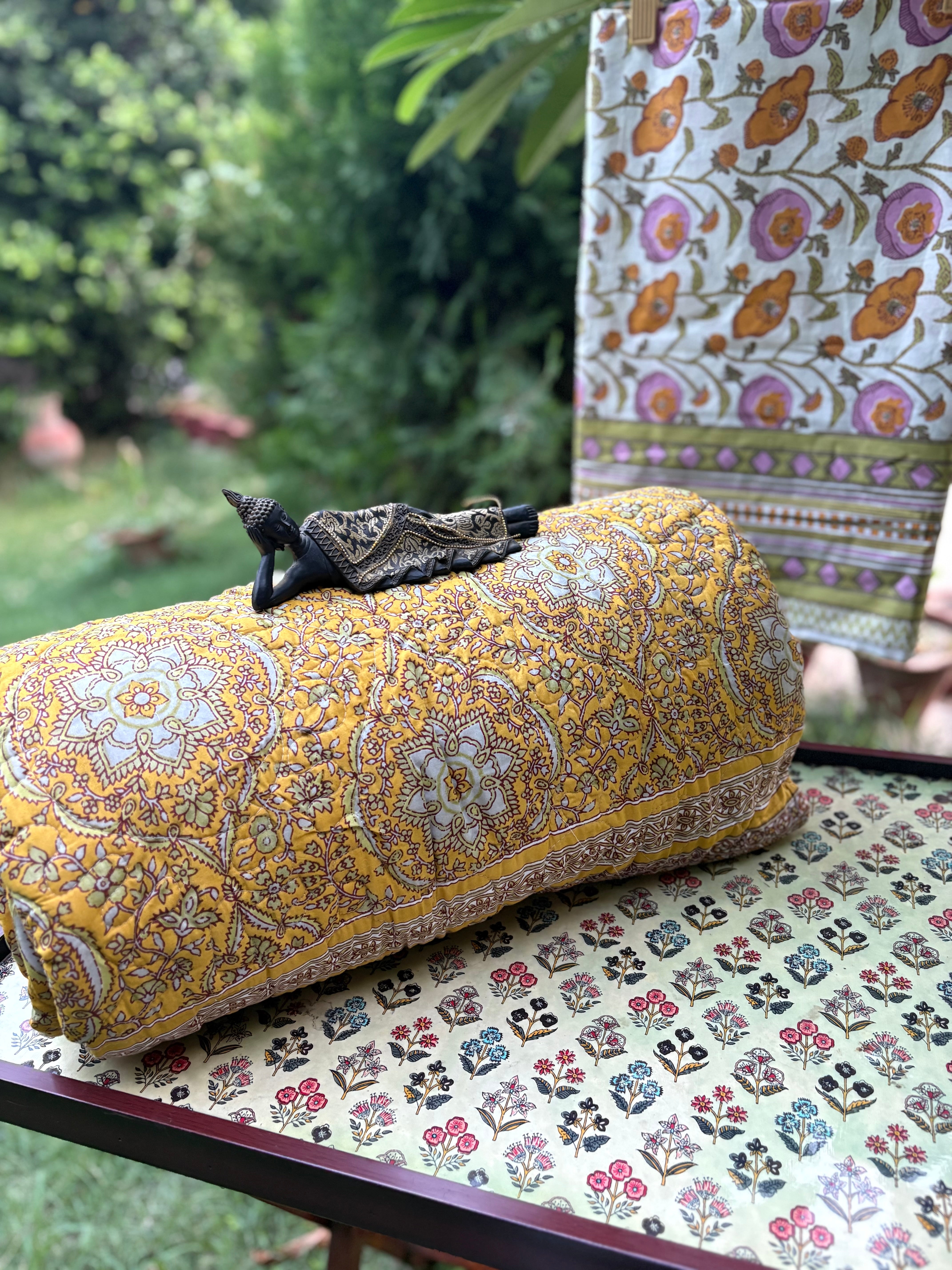 Hand Block Poppy Mustard Bedsheet & Reversible Comforter Set | 100% Cotton Bedding Set