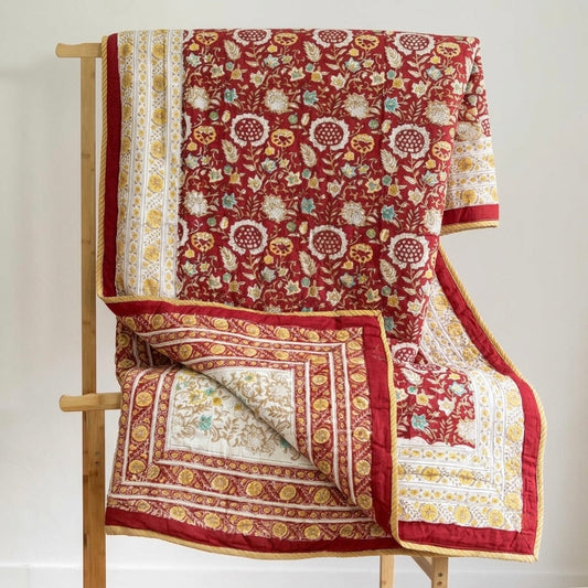 Red Pomegranate Block Printed Reversible Cotton Quilt (Razai)