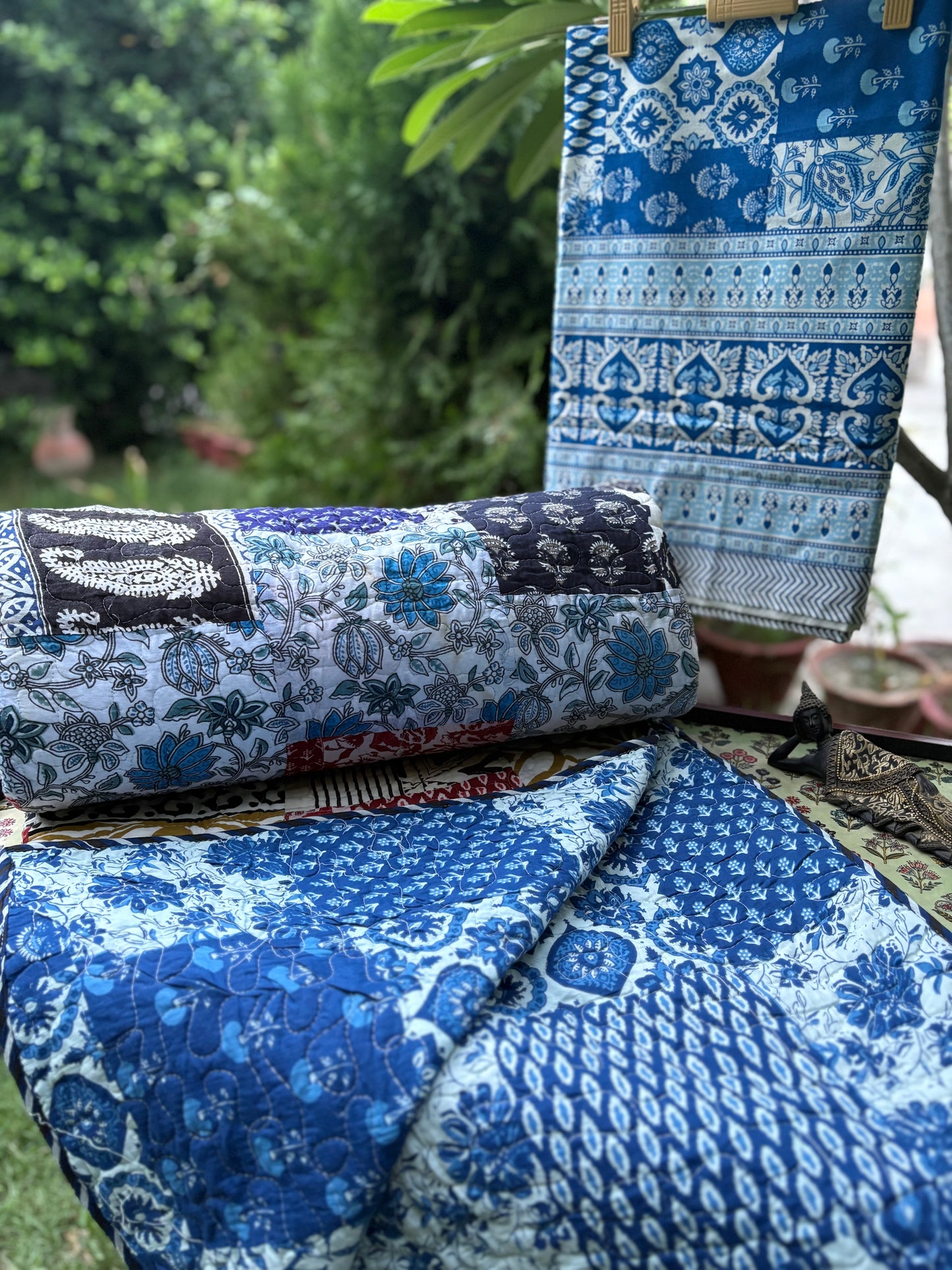 Hand Block Indigo Patchwork Bedsheet & Reversible Comforter Set | 100% Cotton Bedding Set
