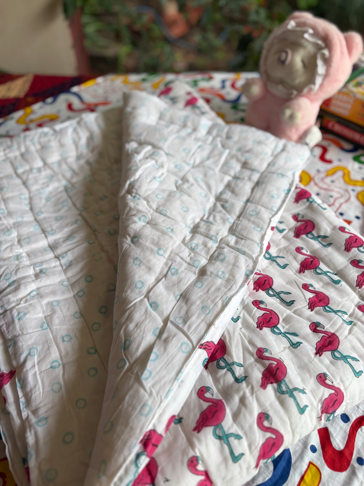 Flamingo Handblock Baby Quilt (Surgical Cotton)