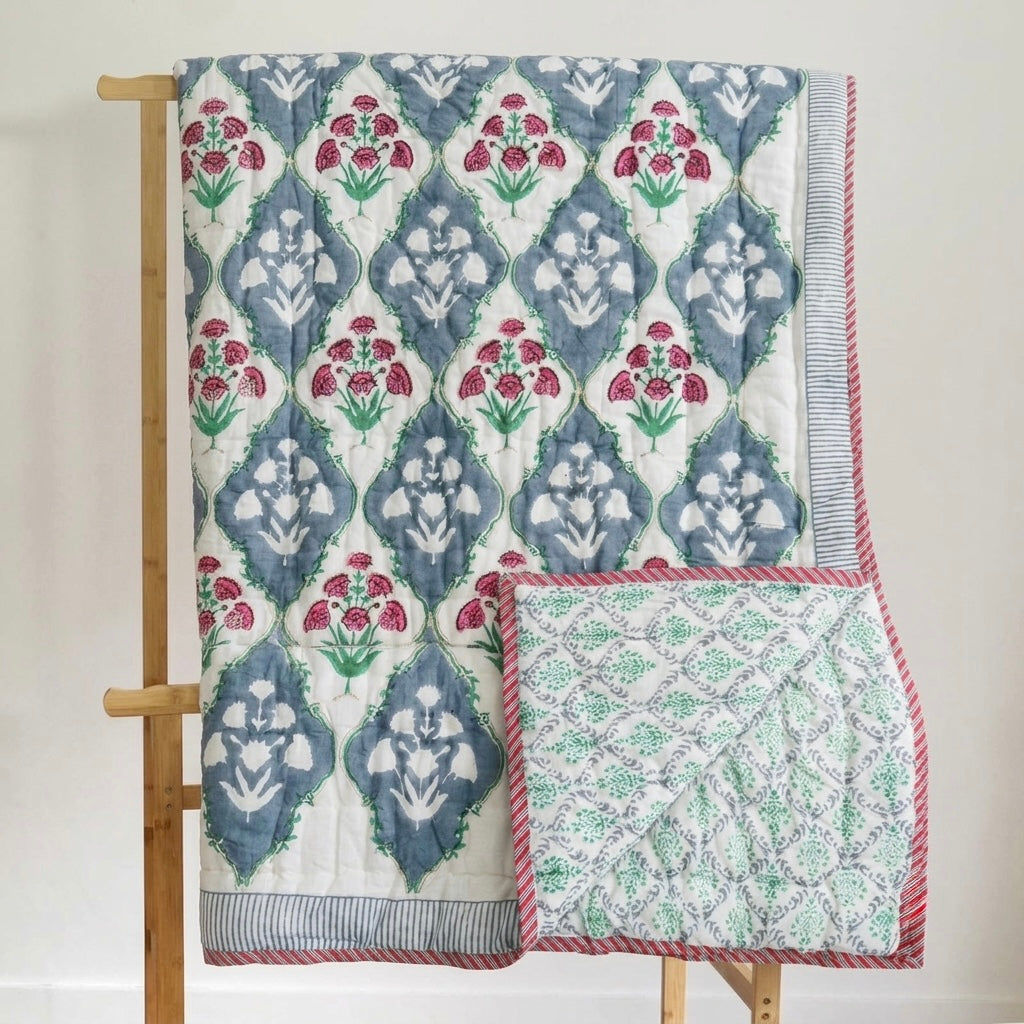 Floral Jaal Block Printed Reversible Cotton Quilt (Razai)