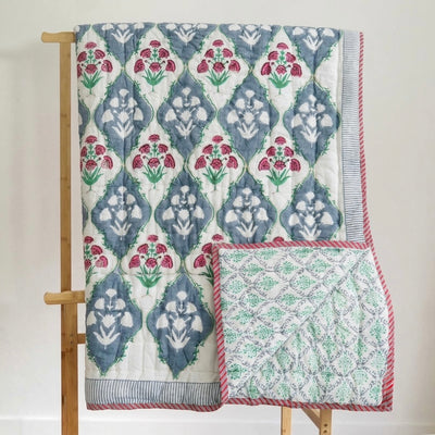 Floral Jaal Block Printed Reversible Cotton Quilt (Razai)