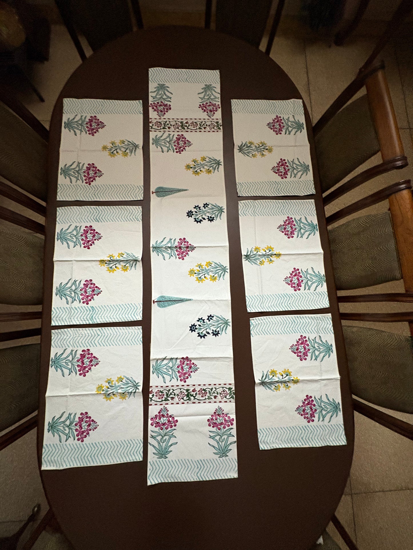 Hand Block Canvas Table Runner & 6 Mats Set