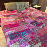 Silk Kantha Quilted Bedcover (Magenta)