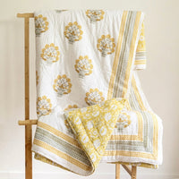 Yellow Floral Block Printed Reversible Cotton Quilt (Razai)