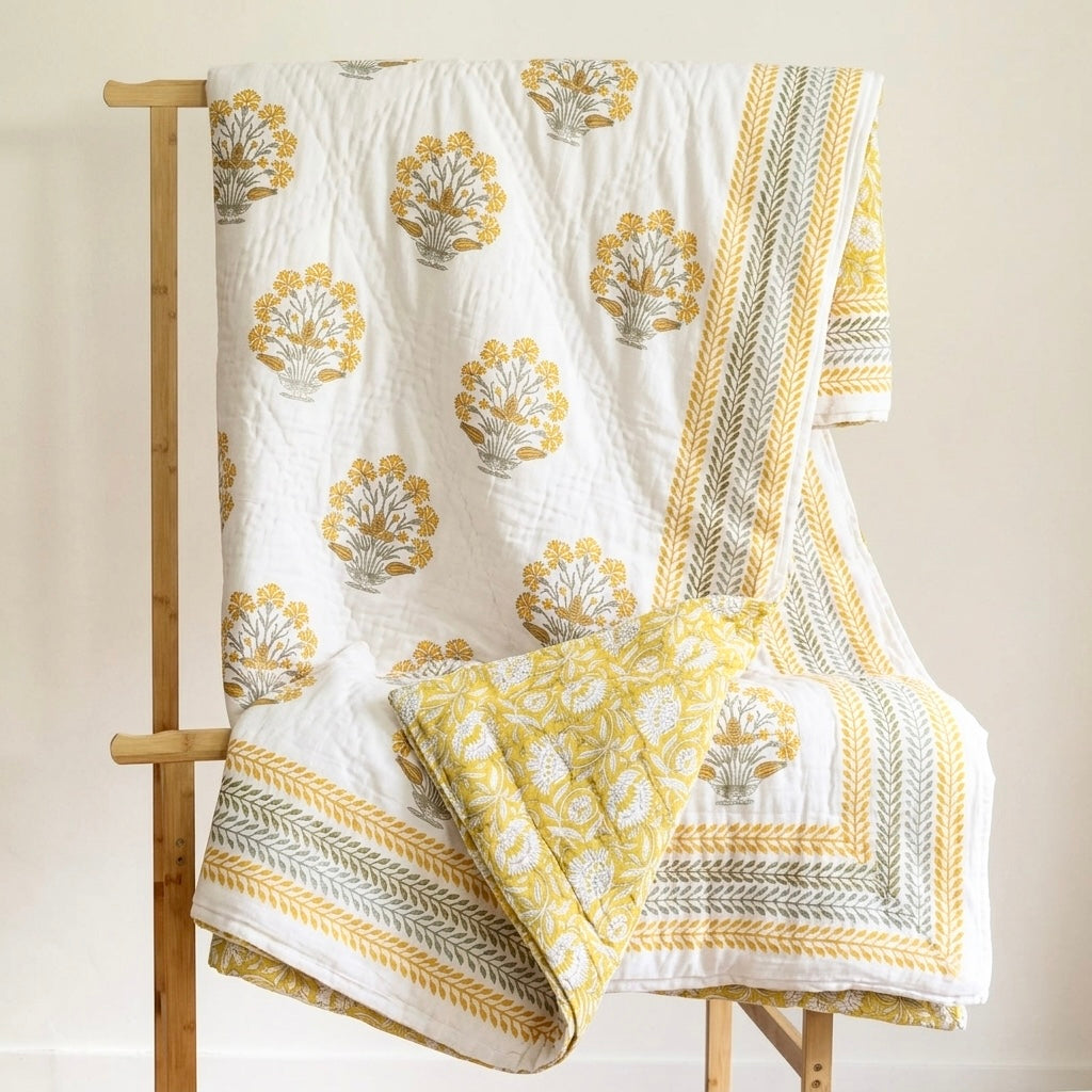 Yellow Floral Block Printed Reversible Cotton Quilt (Razai)