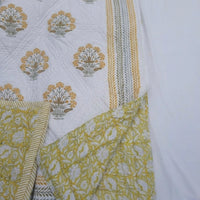 Yellow Floral Block Printed Reversible Cotton Quilt (Razai)