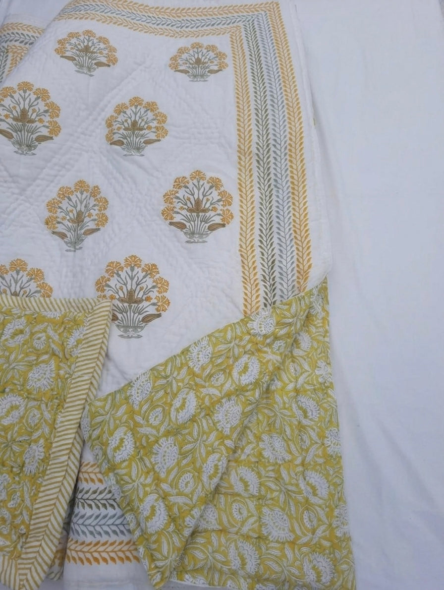 Yellow Floral Block Printed Reversible Cotton Quilt (Razai)