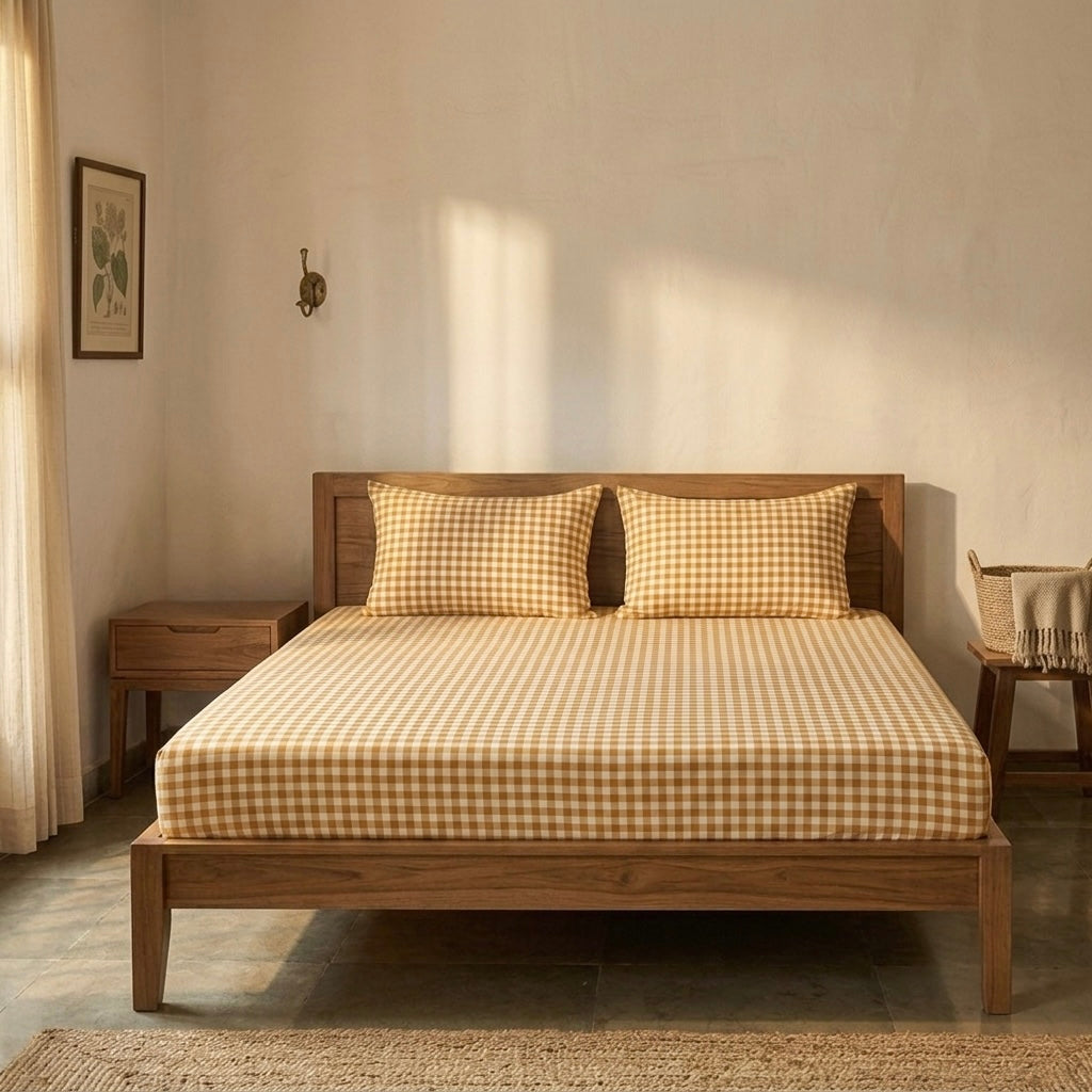Dark Yellow Gingham Checks Cotton Bedsheet