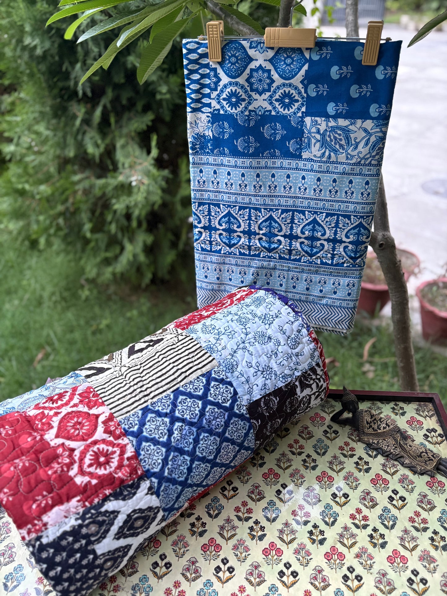 Hand Block Indigo Patchwork Bedsheet & Reversible Comforter Set | 100% Cotton Bedding Set