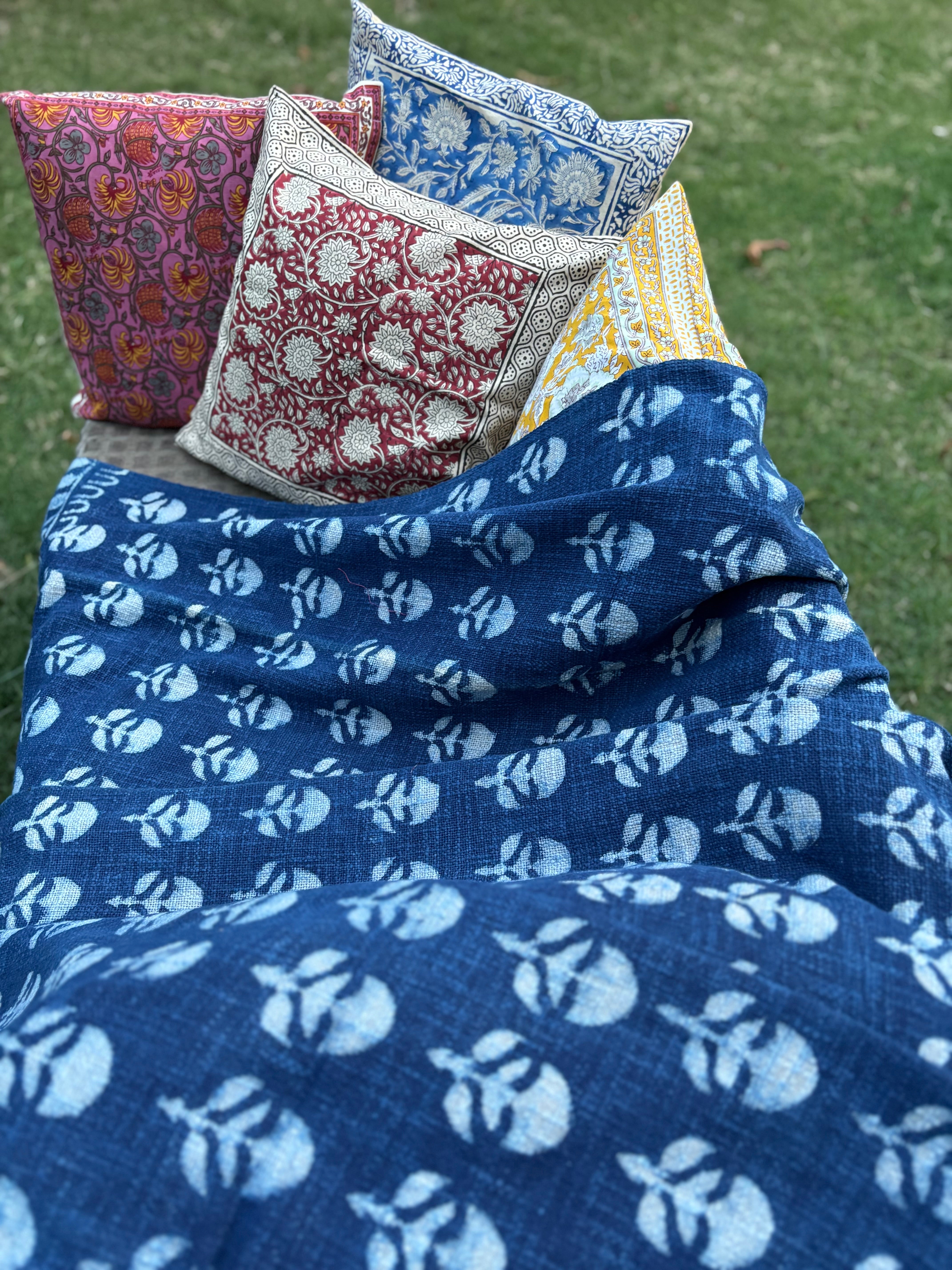 Hand Block Printed Indigo Sofa Throw