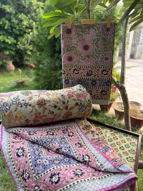 Hand Block Chintz Marigold Bedsheet & Reversible Comforter Set | 100% Cotton Bedding Set