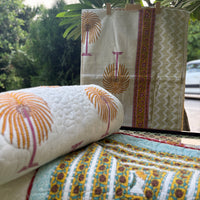 Hand Block Palm Bedsheet & Reversible Comforter Set | 100% Cotton Bedding Set