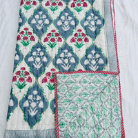 Floral Jaal Block Printed Reversible Cotton Quilt (Razai)