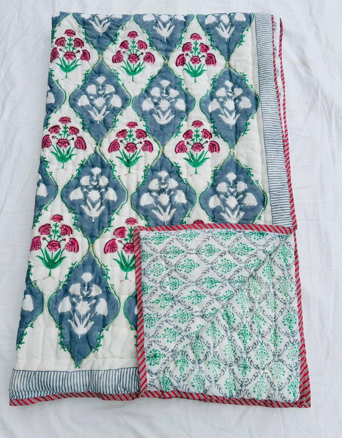 Floral Jaal Block Printed Reversible Cotton Quilt (Razai)