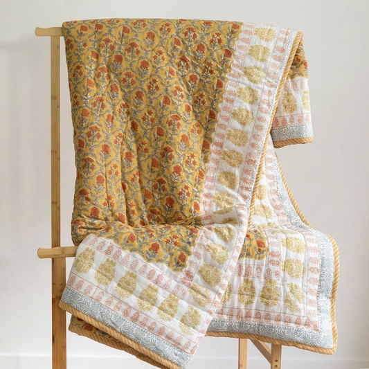 Yellow Floral Block Printed Reversible Cotton Quilt (Razai)