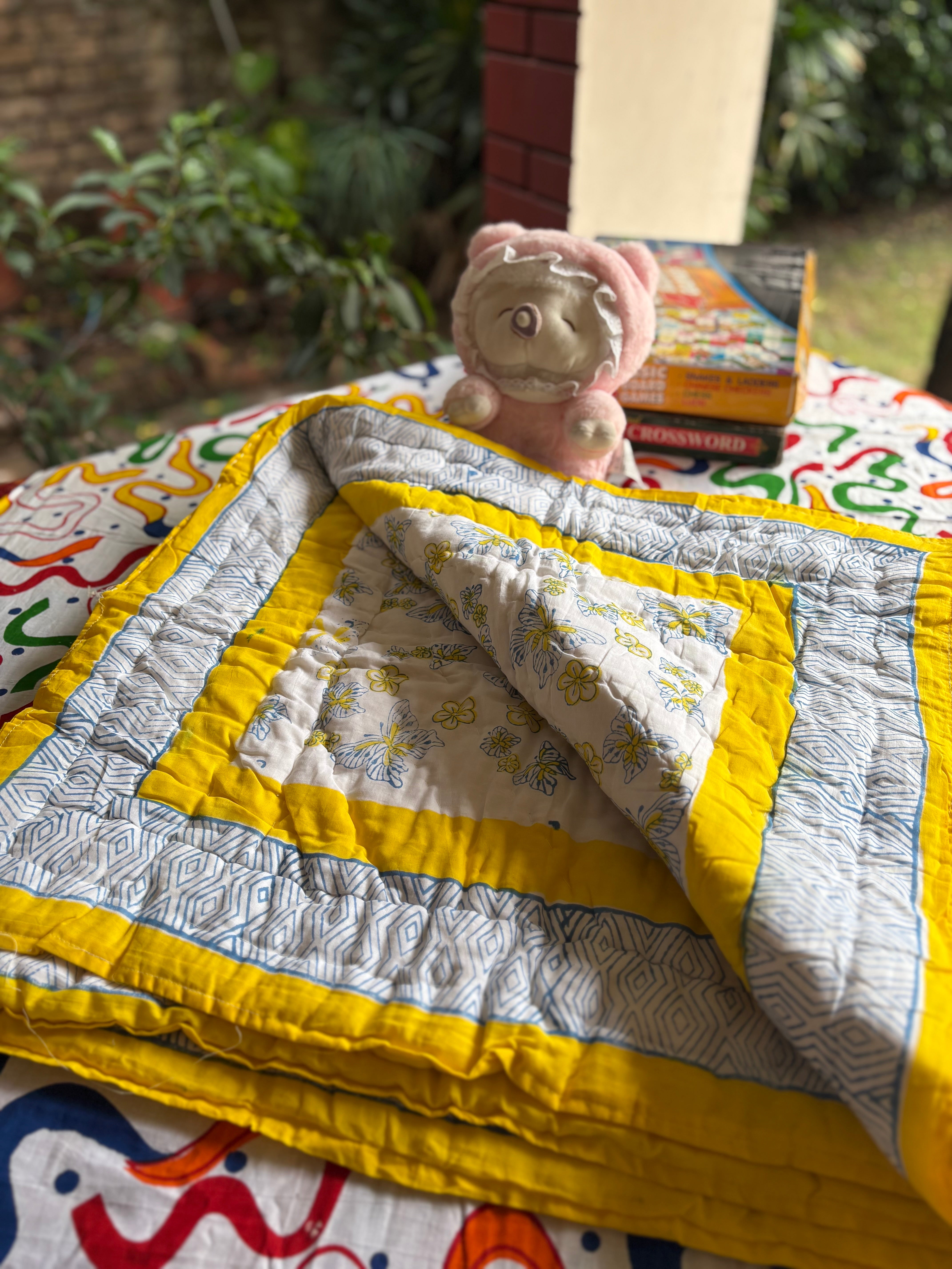 Yellow Penguin Handblock Baby Quilt (Surgical Cotton)