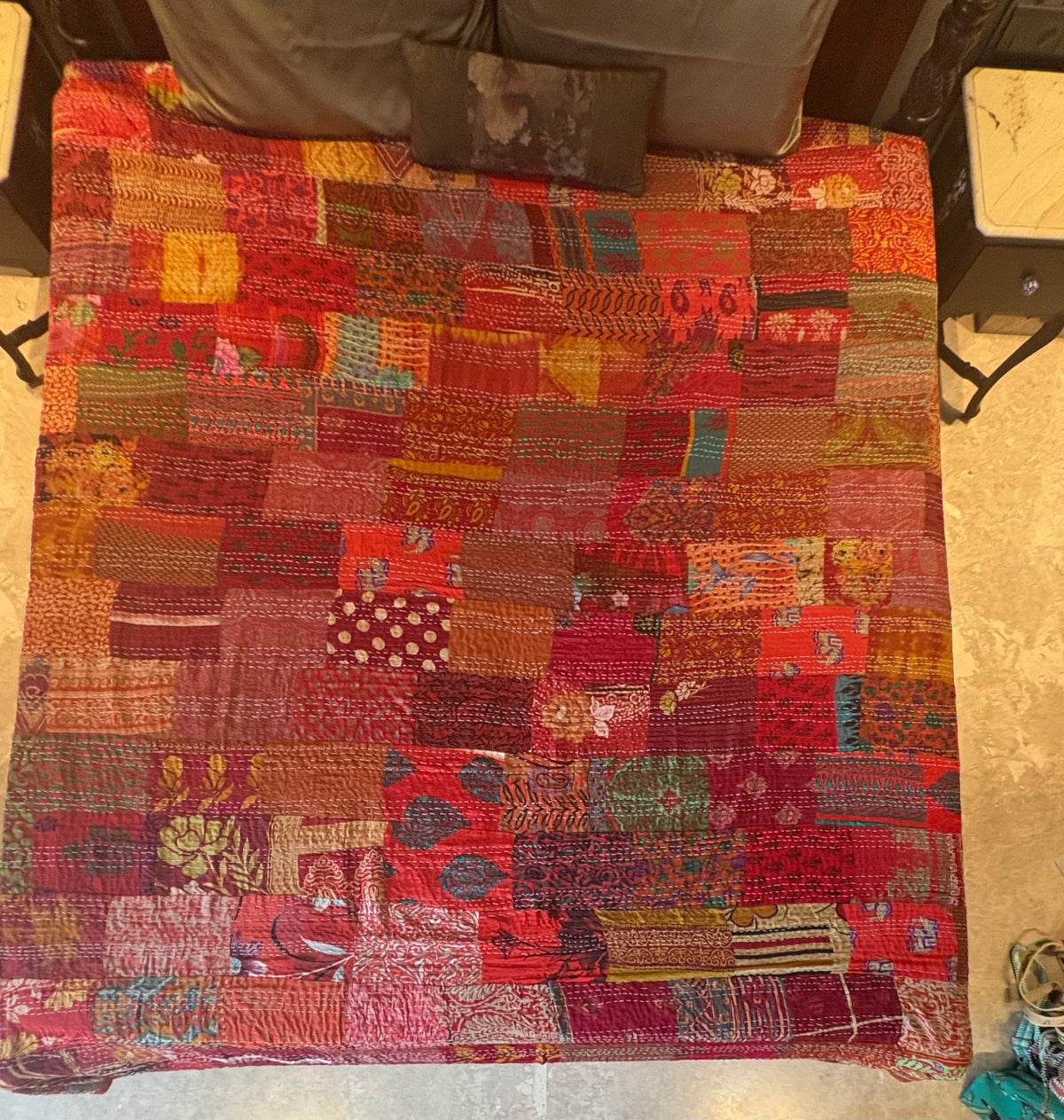 Silk Kantha Quilted Bedcover (Red)